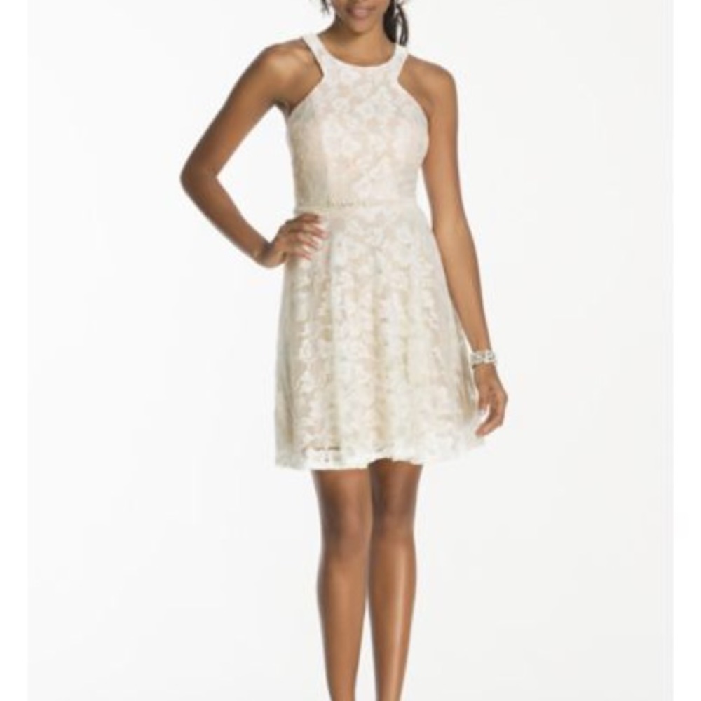 City Triangles white lace dress with beaded waist